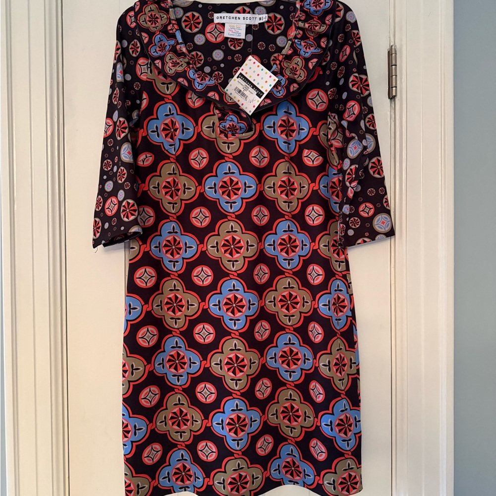 Gretchen Scott Designs Black and Blue Geometric Dress